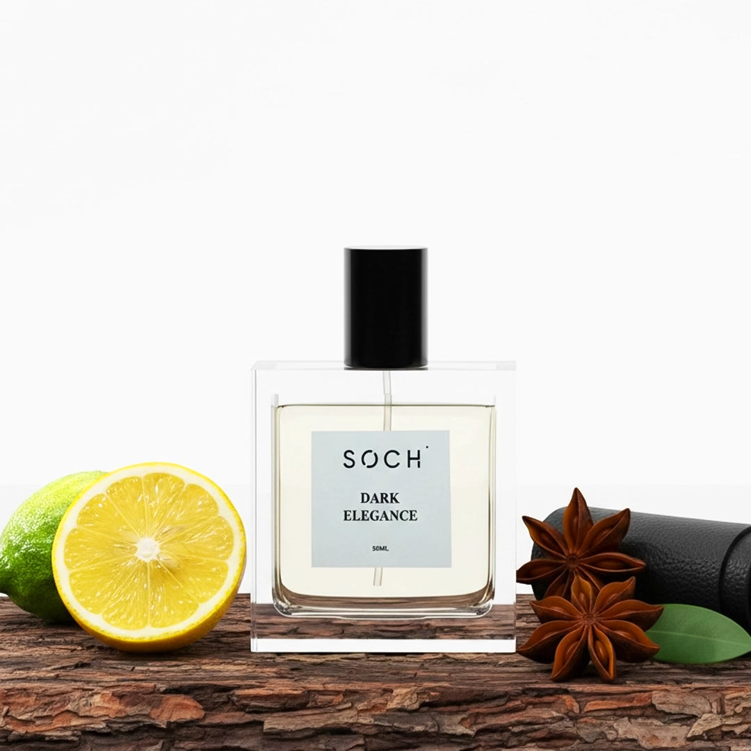 Dark Elegance Eau De Parfum for Men by Soch Perfume – Premium long-lasting oriental spicy fragrance bottle featuring notes of leather, tonka bean, and fresh bergamot.