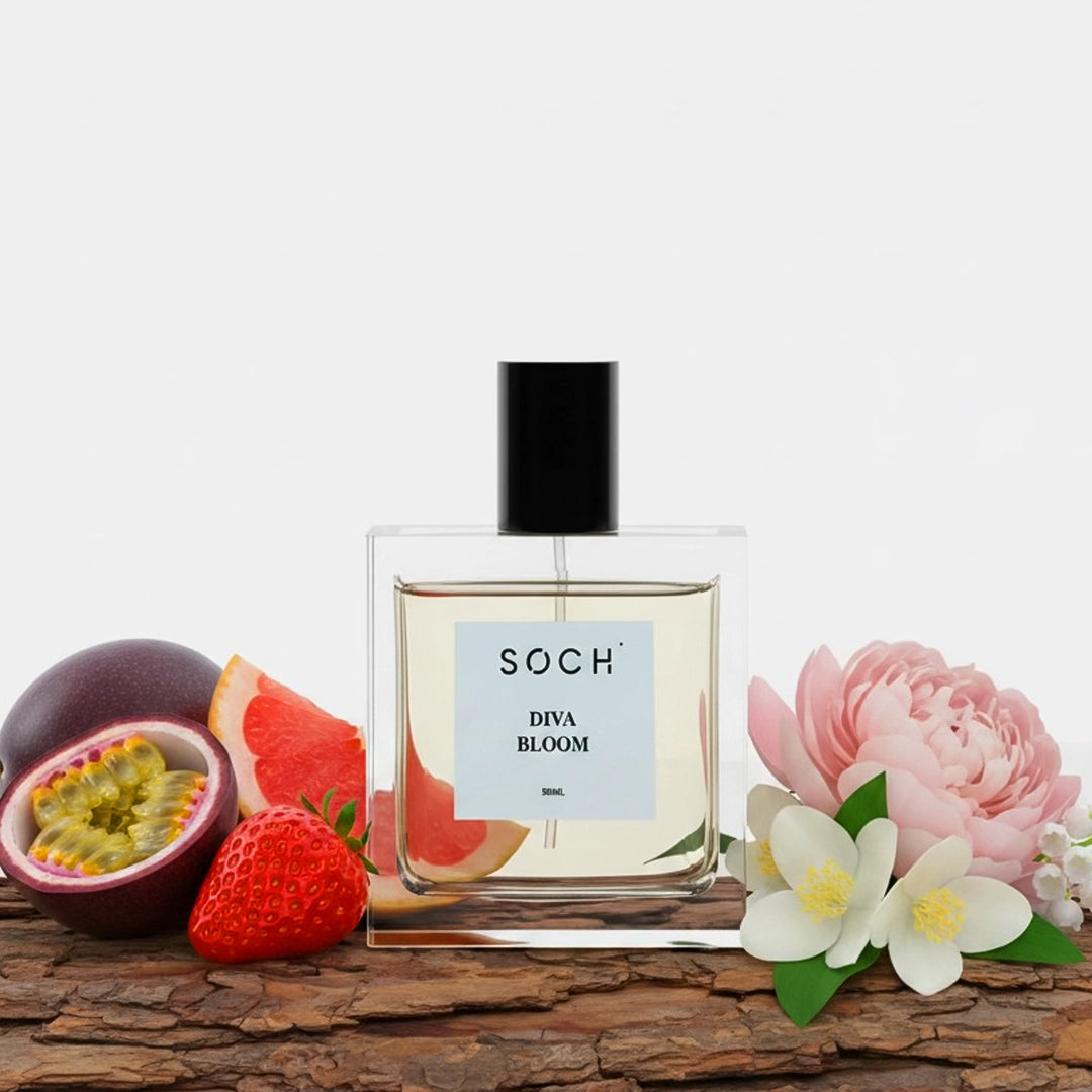 Diva Bloom Eau De Parfum for Women by Soch Perfume – Premium long-lasting floral fruity fragrance bottle featuring notes of purple passion fruit, fresh peony, and warm vanilla orchid.