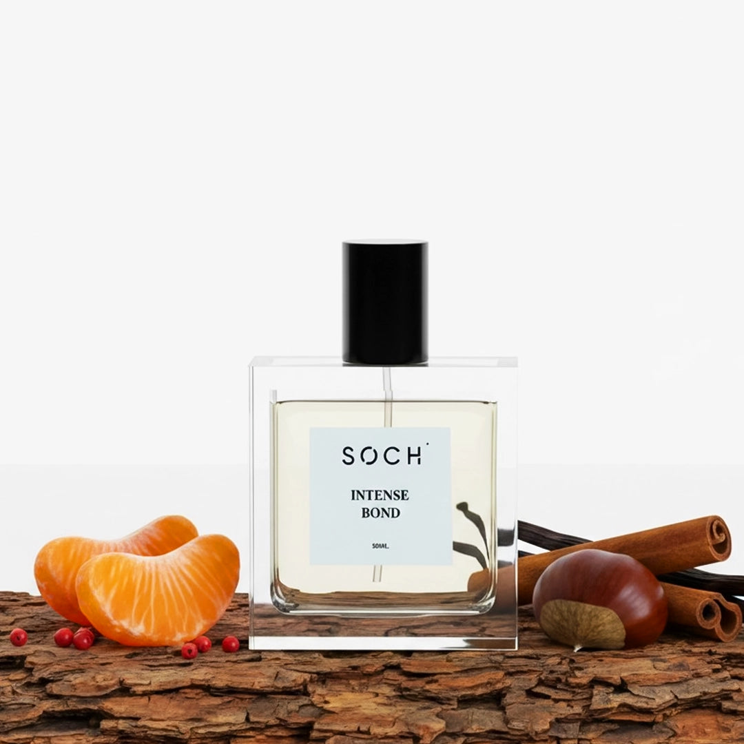 Intense Bond Eau De Parfum for Men by Soch Perfume – Premium long-lasting aromatic fougere fragrance bottle featuring warm chestnut, sweet vanilla, and rich smoky notes.
